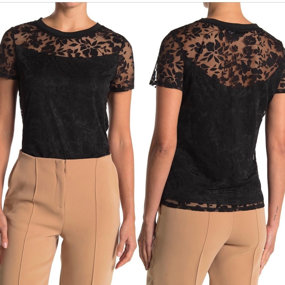 Laundry by Shelli Segal Sheer Yoke Black Burnout T-Shirt